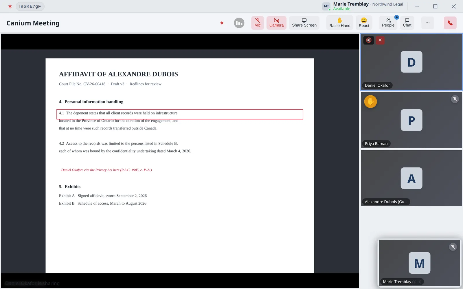 Canium meeting with a shared screen, three participants and a guest
