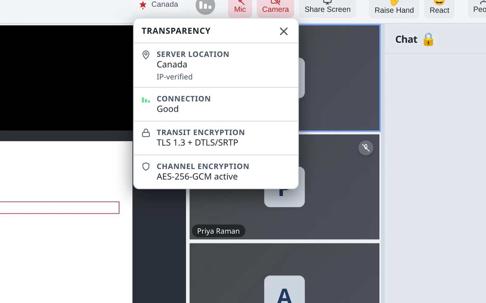 Canium transparency panel open in a meeting: server location Canada, connection, encryption in use